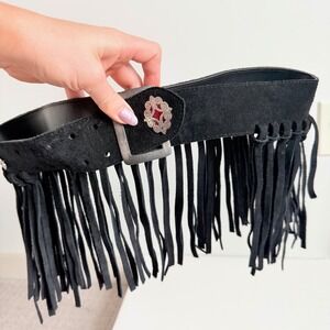 Vintage Et Vous Genuine Leather Suede Fringe Belt with Silver Details